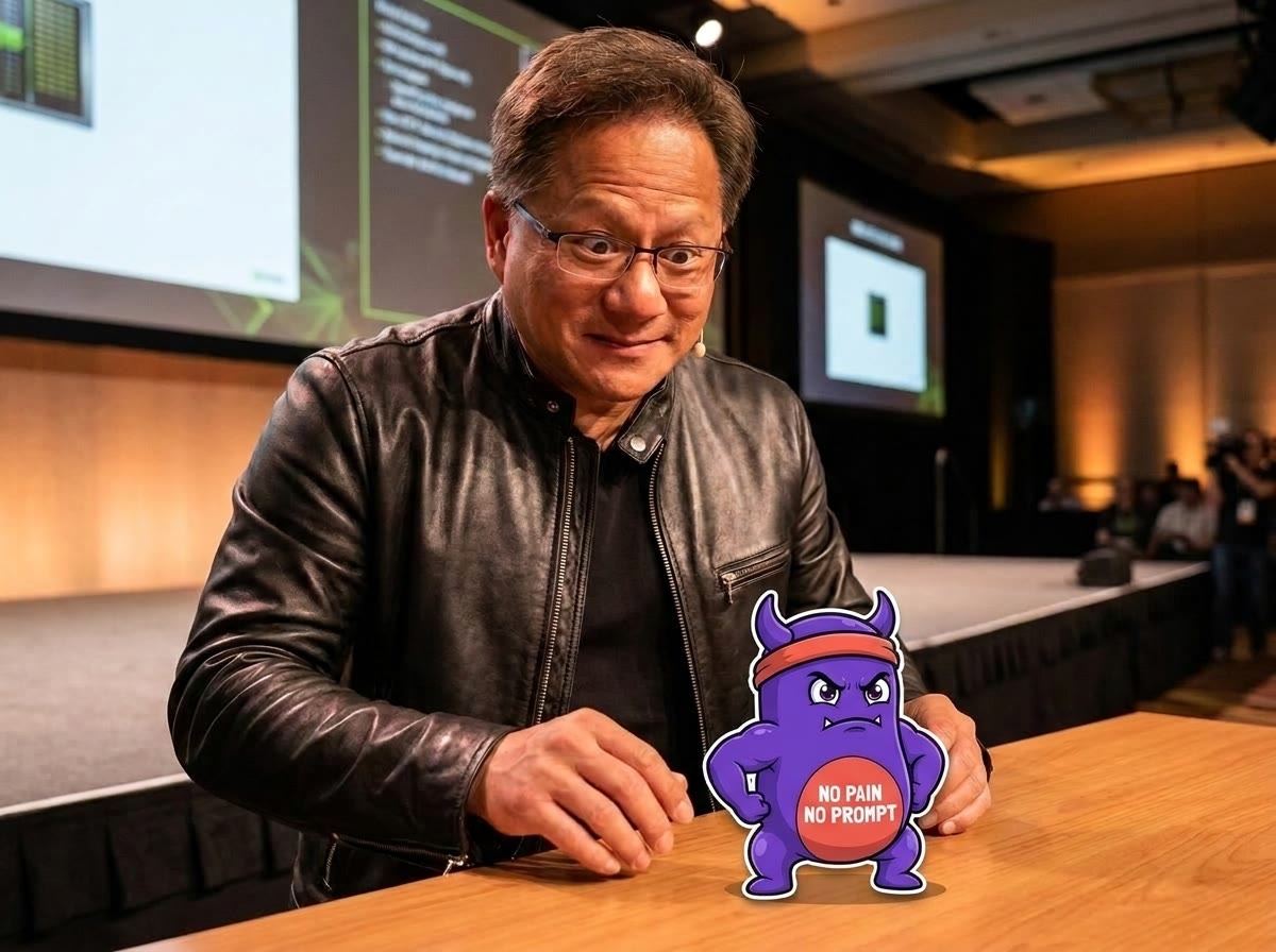 Claudio posing in a playful scene with Jensen Huang